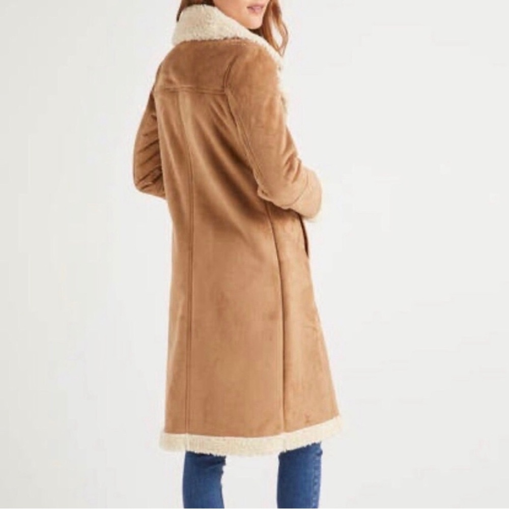 Boden Bell Teddy Tan Faux Suede Faux Shearling Lined and Trimmed Long Coat Sz 16 - Picture 3 of 14